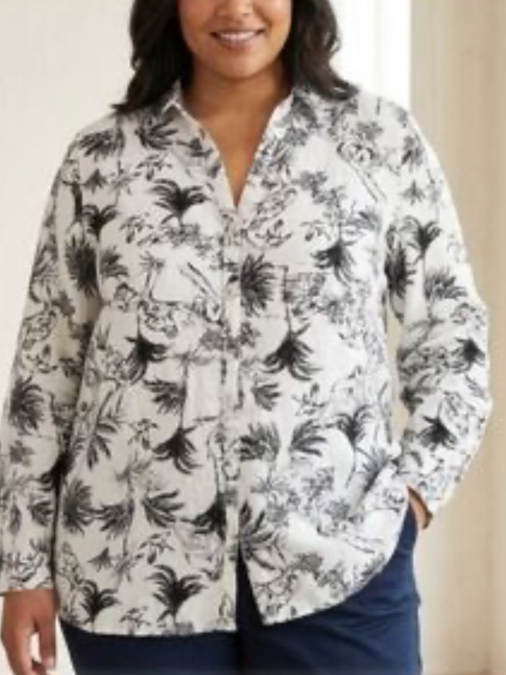Joie White Button-Down Shirt with Black Toile Motif Linen Small
